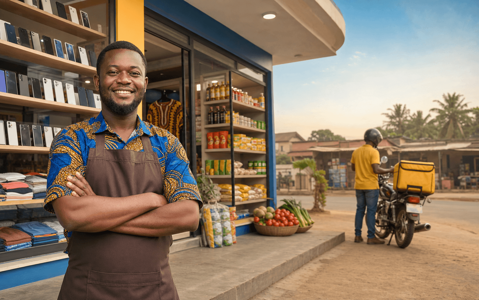 A Ghanaian seller outside a ShopLinkk-style local store